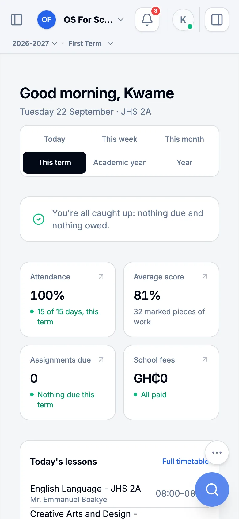 A pupil’s My Workspace on a phone: today’s lessons, homework due, attendance and average mark.